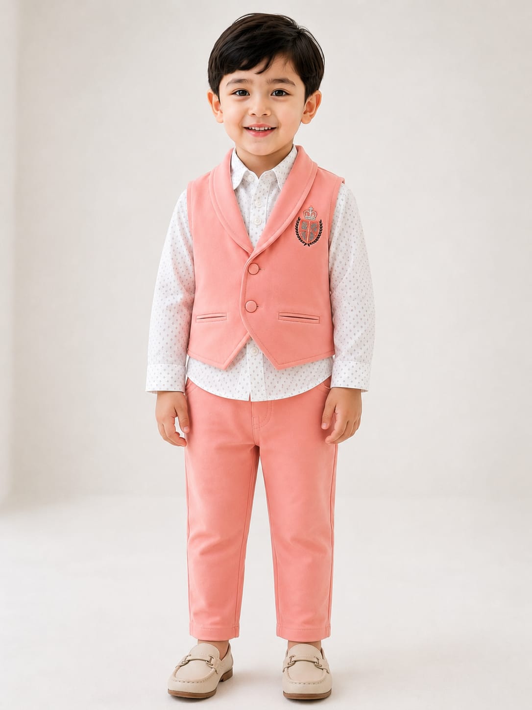 Boys Elegant Peach Waistcoat & Trousers 3-Piece Suit Set