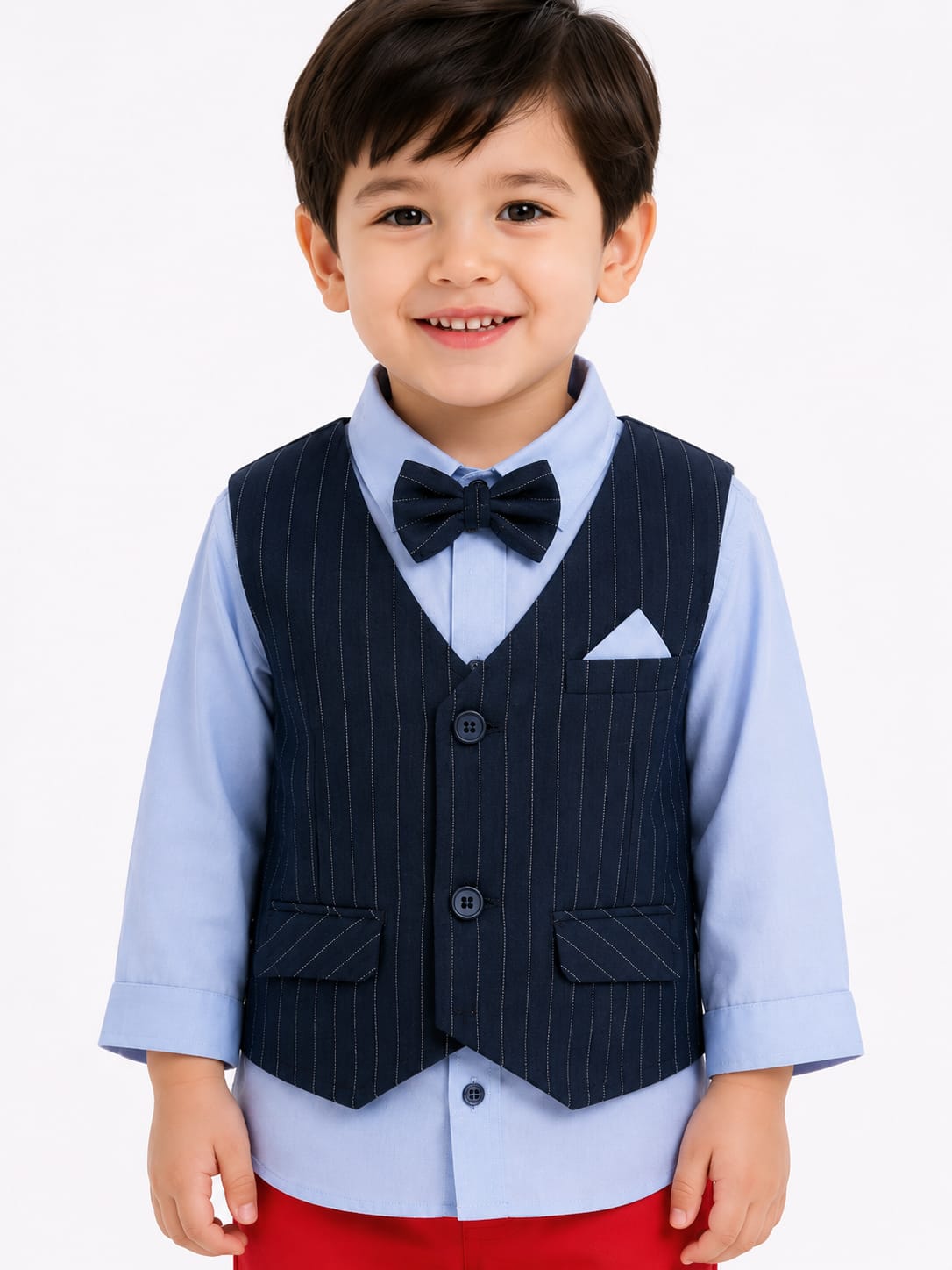 Boys Classic Pinstripe Waistcoat & Red Trousers 4-Piece Suit Set