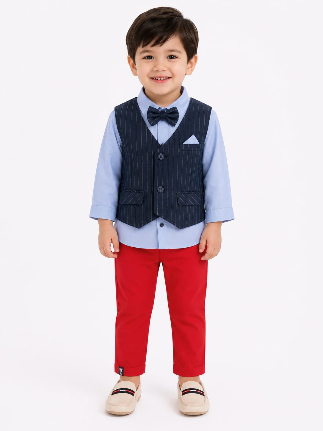 Boys Classic Pinstripe Waistcoat & Red Trousers 4-Piece Suit Set