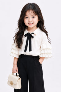 Girls Chic Black & White Ruffled Blouse & Wide-Leg Palazzo Set