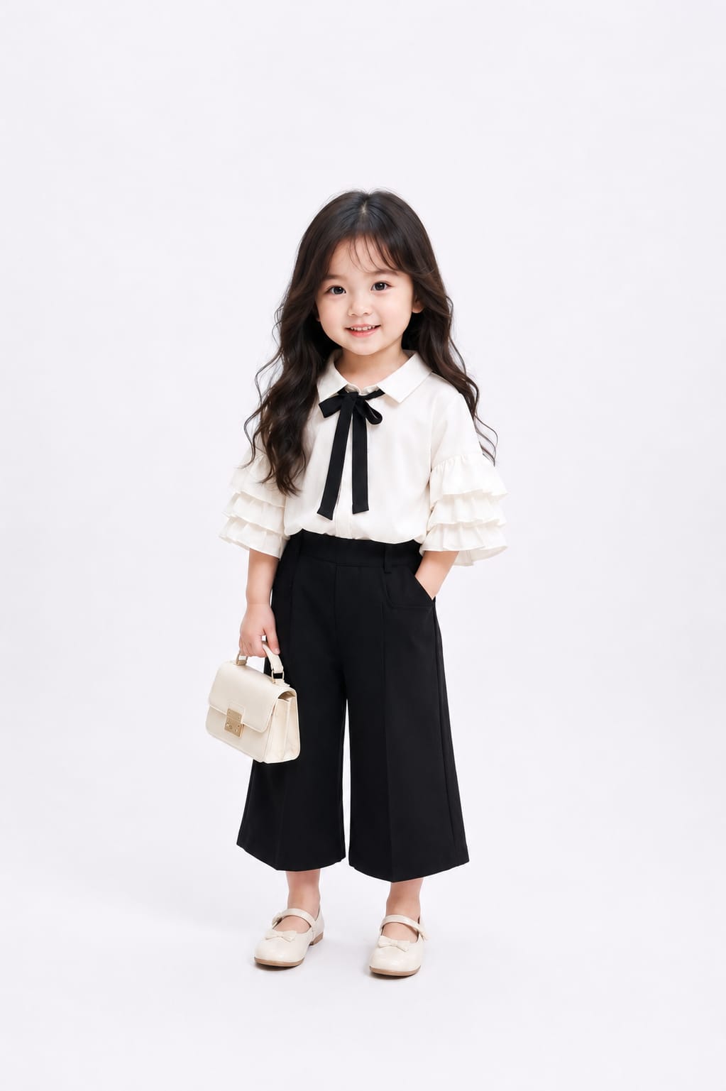 Girls Chic Black & White Ruffled Blouse & Wide-Leg Palazzo Set