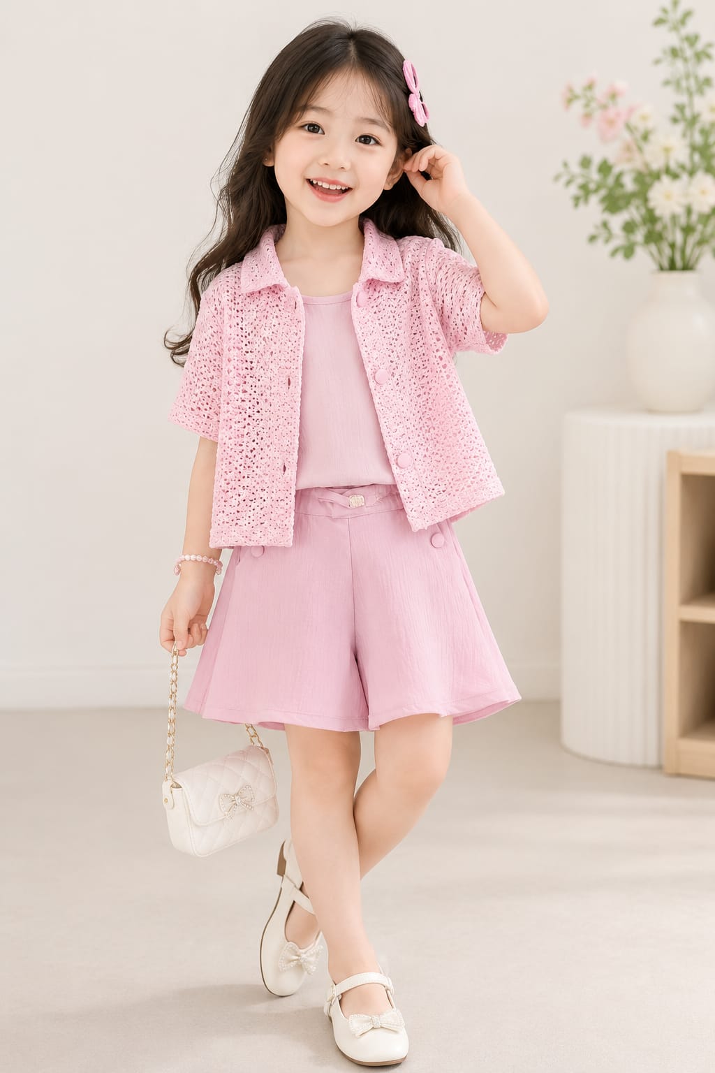 Girls Sweet Pink 3-Piece Shrug, Inner & Shorts Co-ord Set