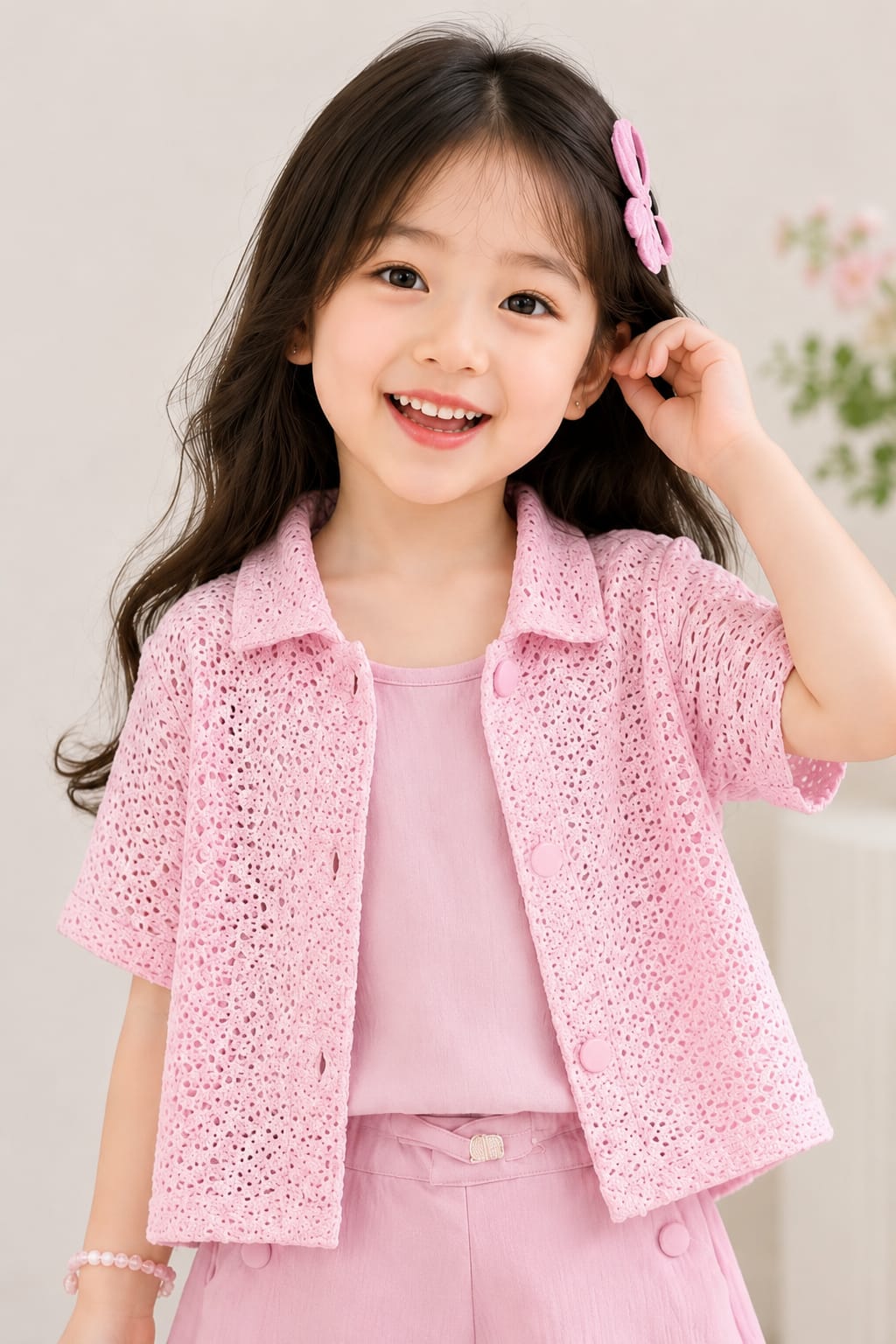 Girls Sweet Pink 3-Piece Shrug, Inner & Shorts Co-ord Set