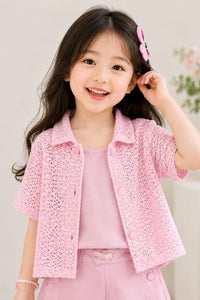 Girls Sweet Pink 3-Piece Shrug, Inner & Shorts Co-ord Set