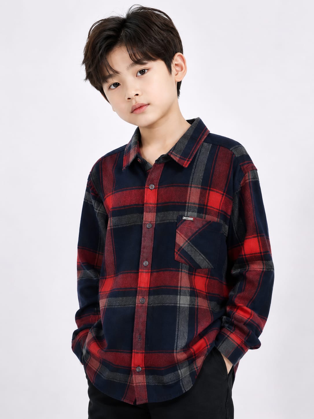 Boys' Red & Navy Plaid Flannel Casual Shirt