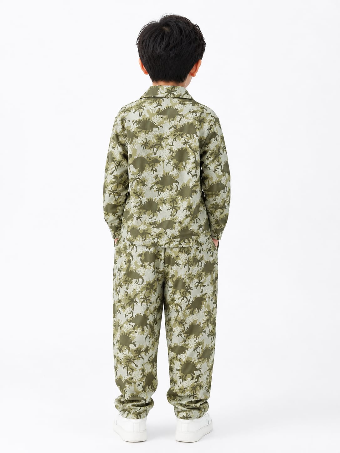 Boys' Olive Dinosaur All-Over Print Shirt and Trousers Coord Set