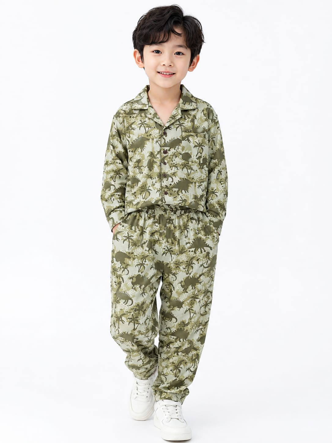 Boys' Olive Dinosaur All-Over Print Shirt and Trousers Coord Set
