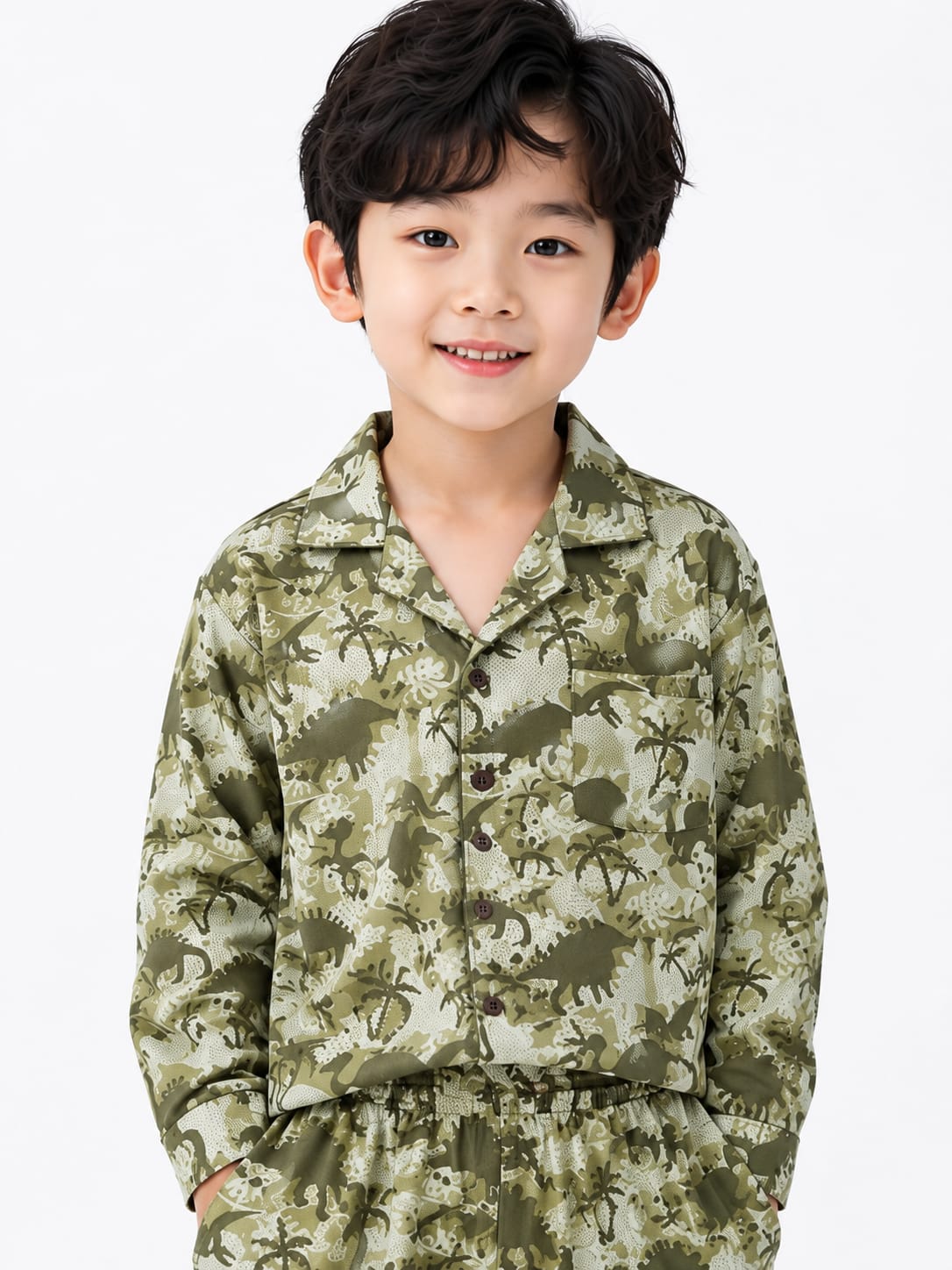 Boys' Olive Dinosaur All-Over Print Shirt and Trousers Coord Set