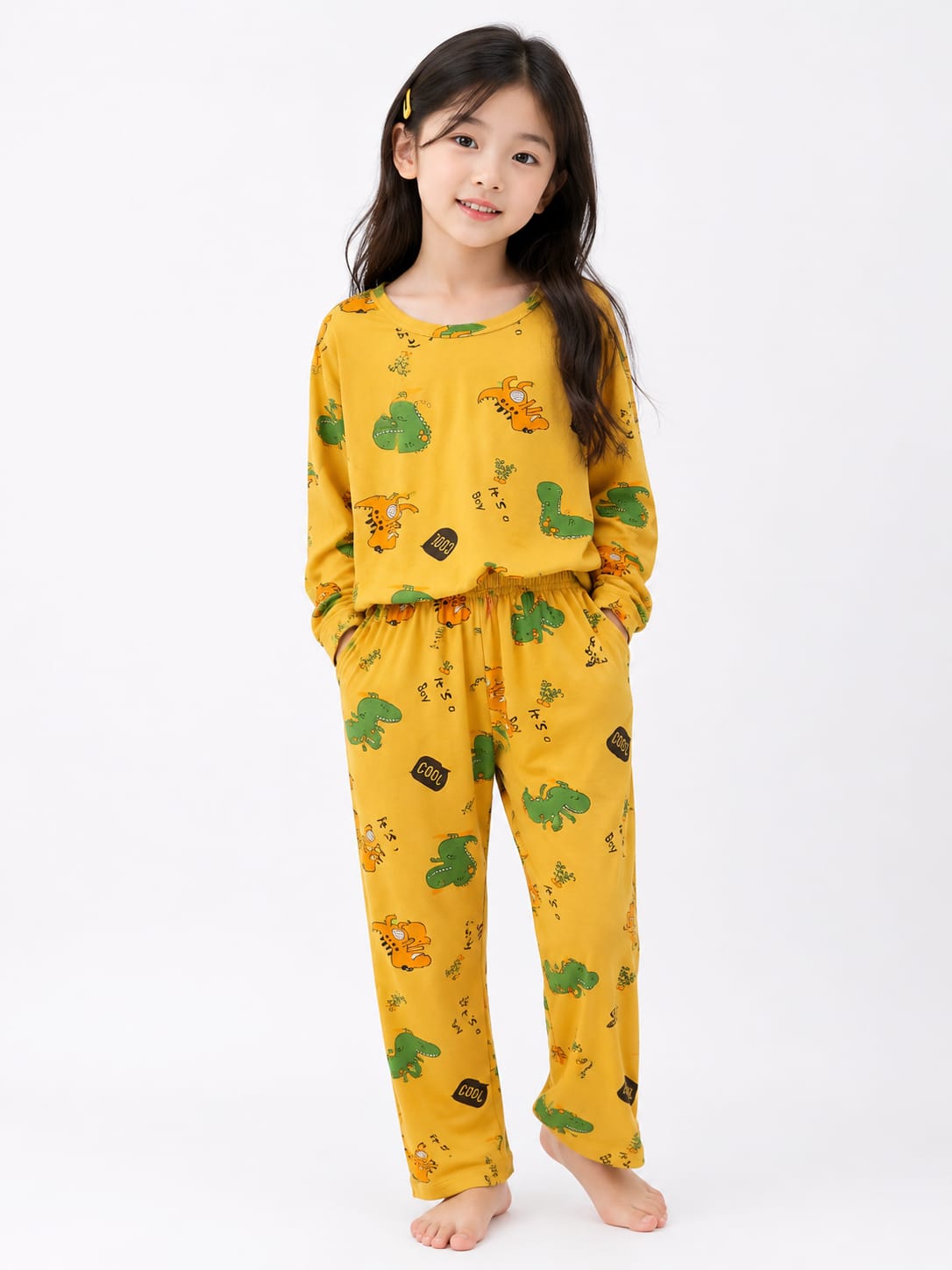 Girls' Mustard Yellow All-Over Dinosaur Print Loungewear Set