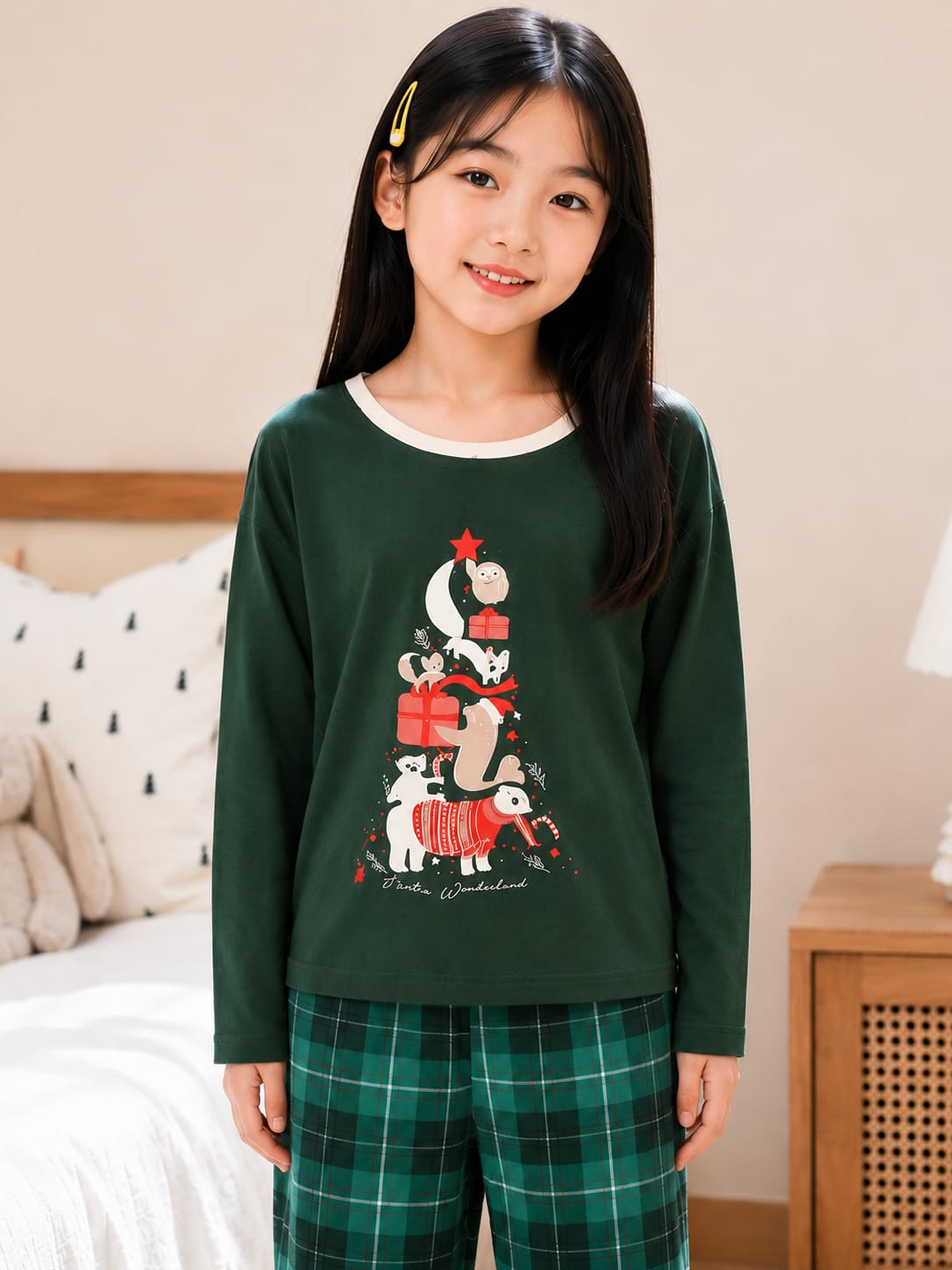 Girls' Festive Winter Wonderland Graphic Tee and Plaid Trousers Nightwear Set