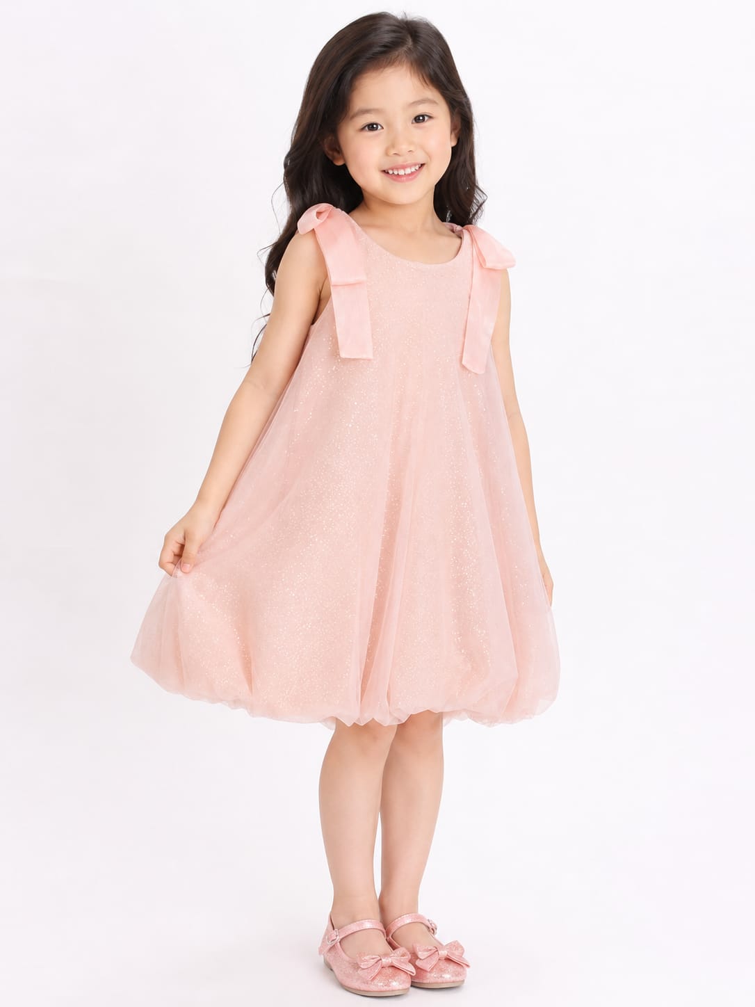 Girls' Shimmering Pastel Pink Tulle A-Line Dress with Shoulder Bow Accents