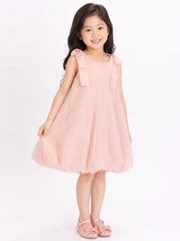 Girls' Shimmering Pastel Pink Tulle A-Line Dress with Shoulder Bow Accents