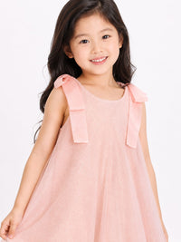 Girls' Shimmering Pastel Pink Tulle A-Line Dress with Shoulder Bow Accents