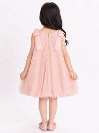 Girls' Shimmering Pastel Pink Tulle A-Line Dress with Shoulder Bow Accents