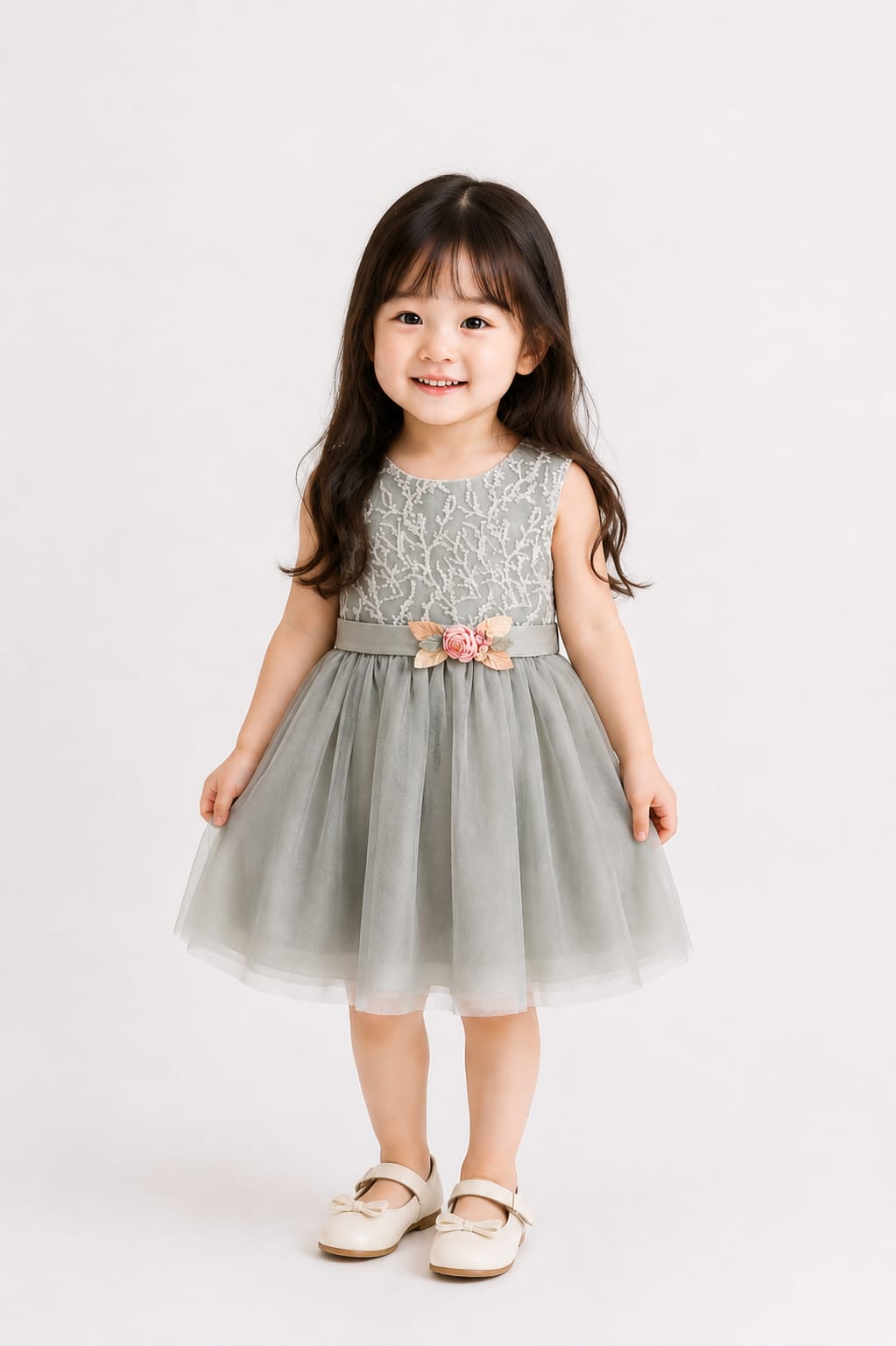 Elegant Sage Green Embroidered Tulle Frock