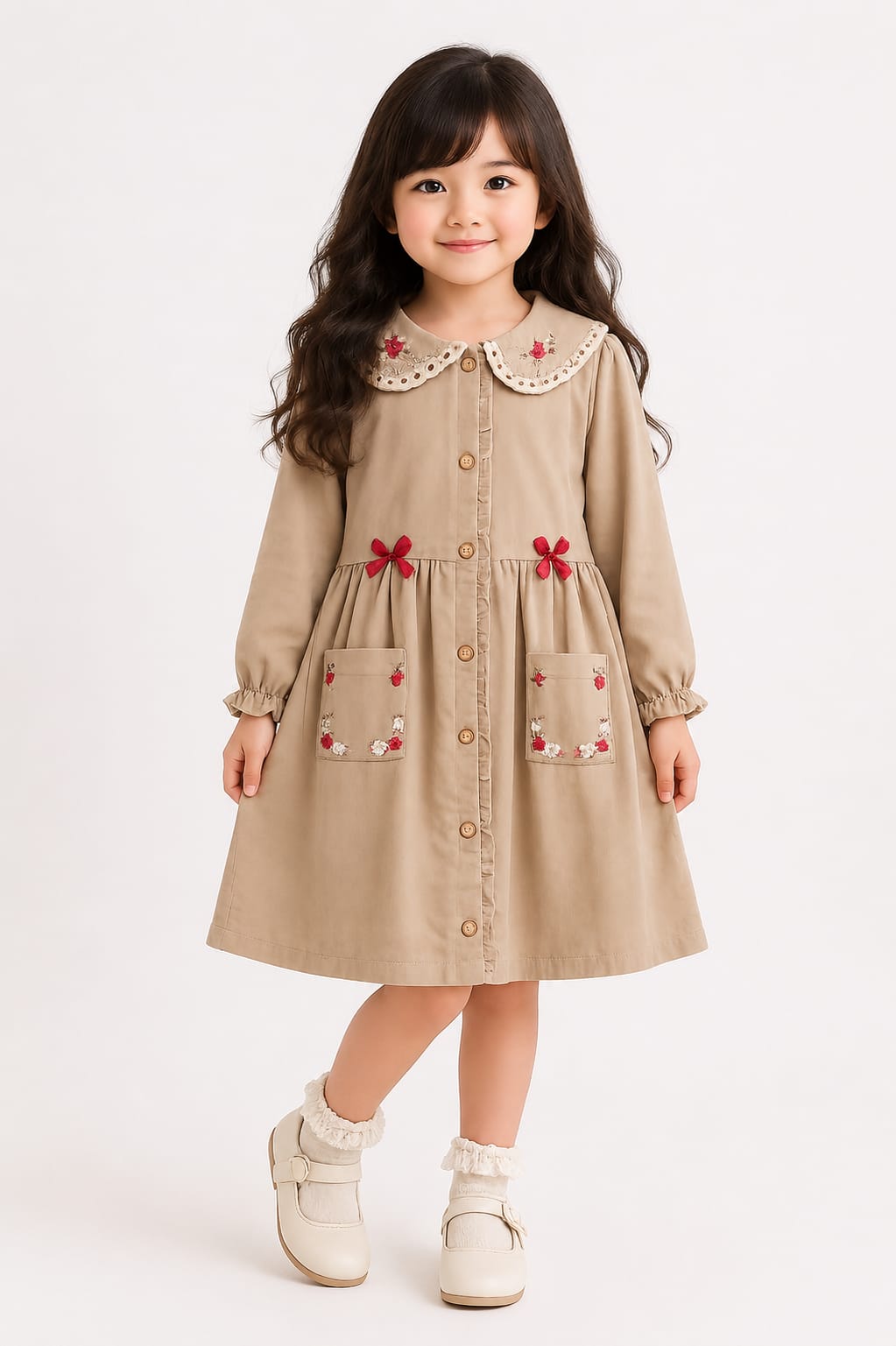 Vintage Cottagecore Embroidered Button-Down Dress