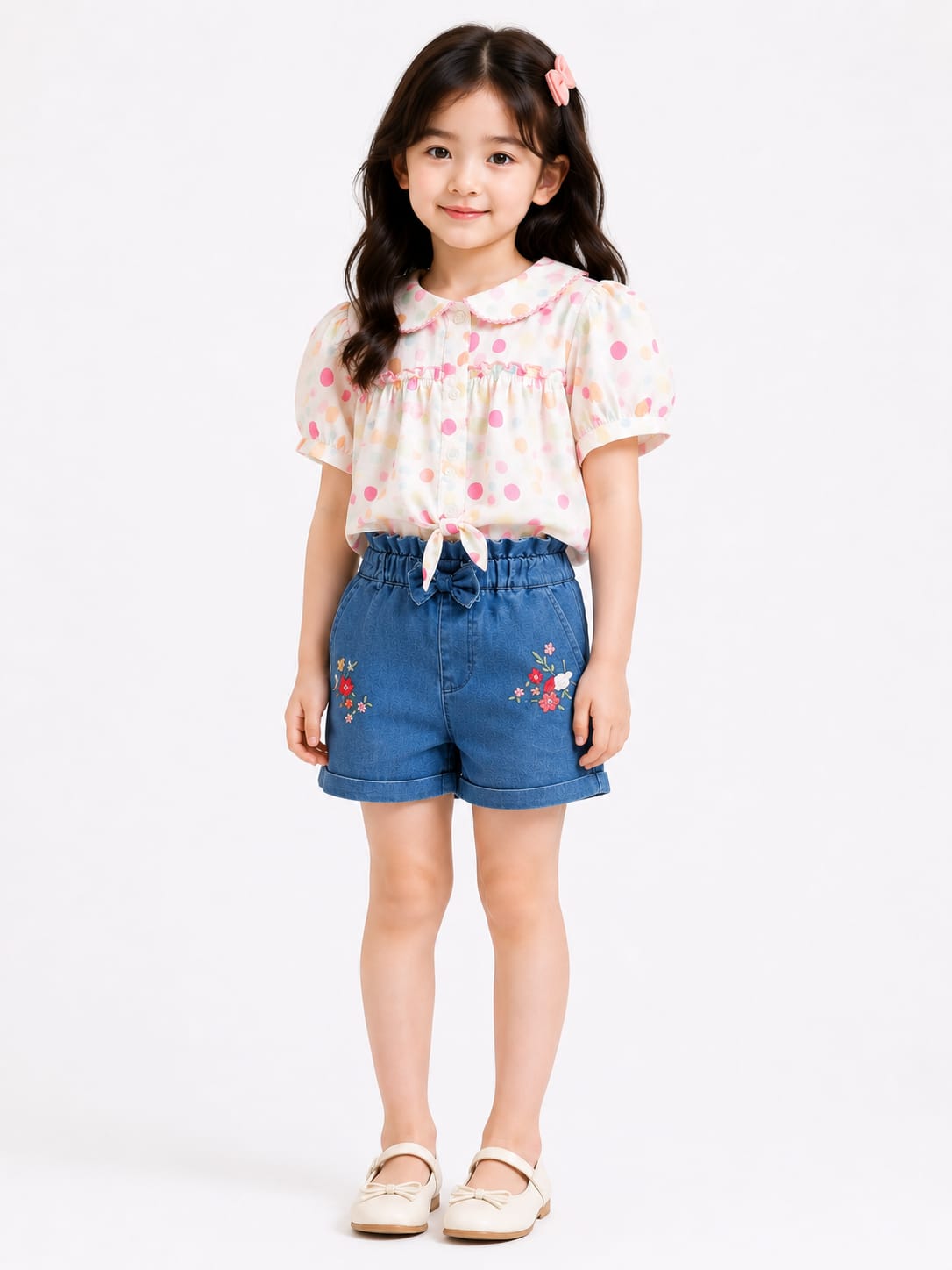 Girls' Polka Dot Shirt & Embroidered Denim Shorts Set