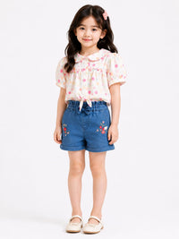 Girls' Polka Dot Shirt & Embroidered Denim Shorts Set