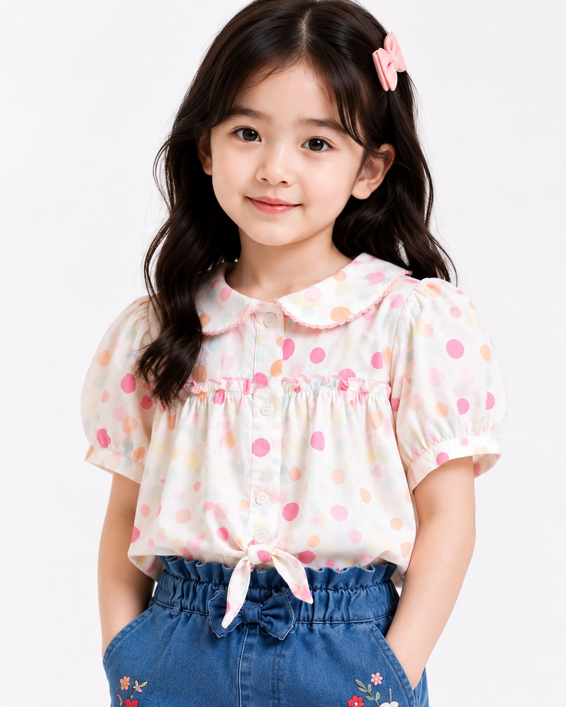 Girls' Polka Dot Shirt & Embroidered Denim Shorts Set