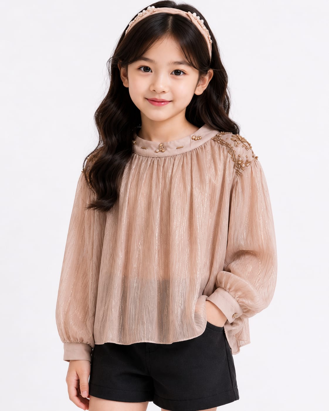 Girls' Shimmering Metallic Blouse with Embellished Shoulders