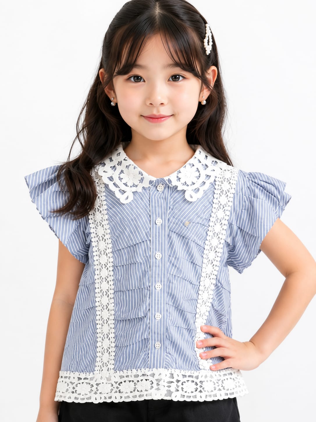 Girls' Striped Flutter-Sleeve Blouse with Crochet Lace Accents