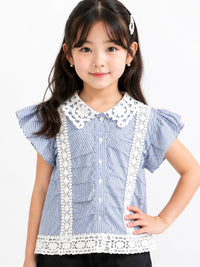 Girls' Striped Flutter-Sleeve Blouse with Crochet Lace Accents