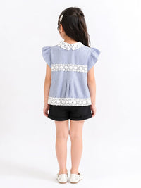 Girls' Striped Flutter-Sleeve Blouse with Crochet Lace Accents