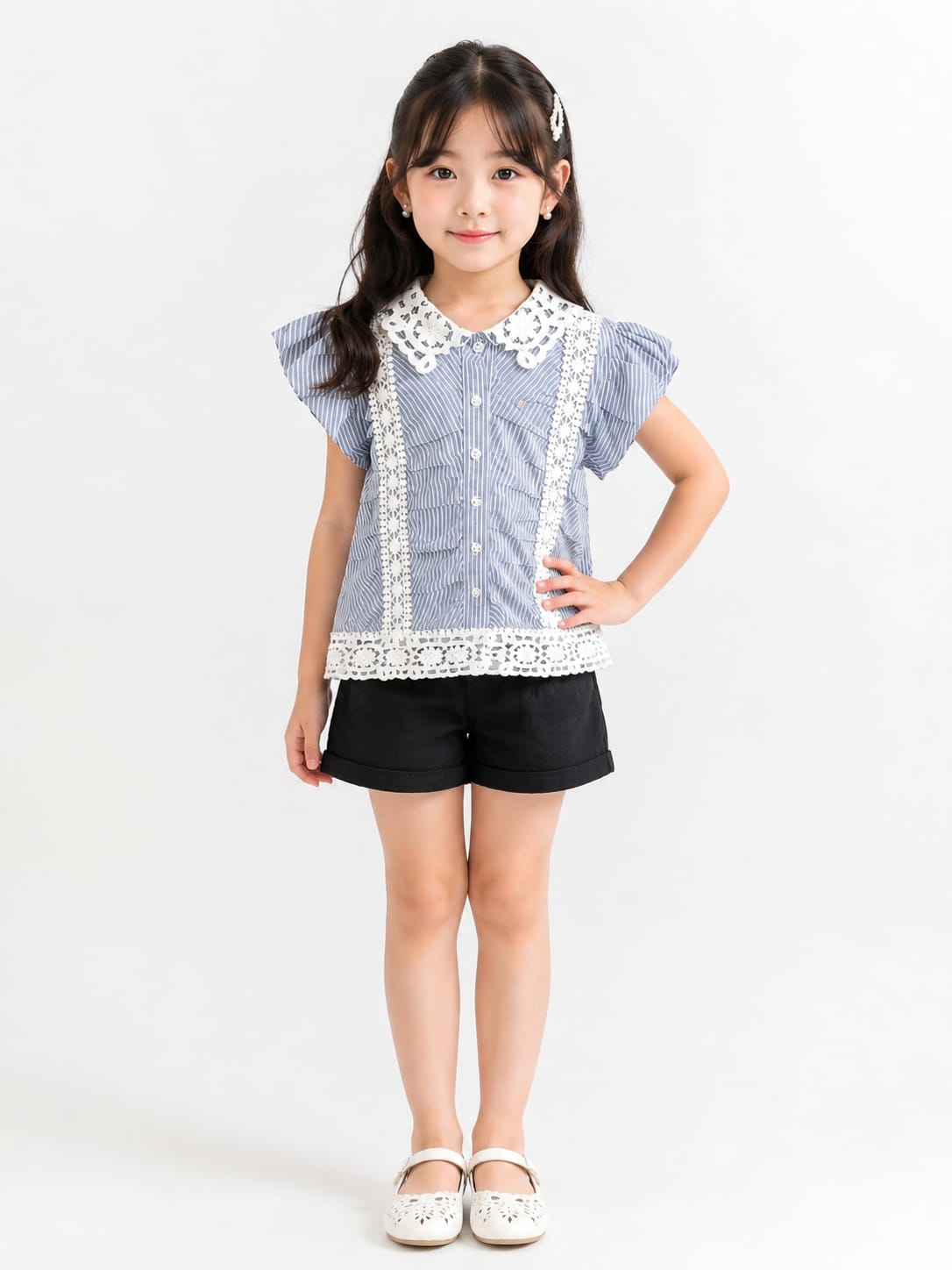 Girls' Striped Flutter-Sleeve Blouse with Crochet Lace Accents