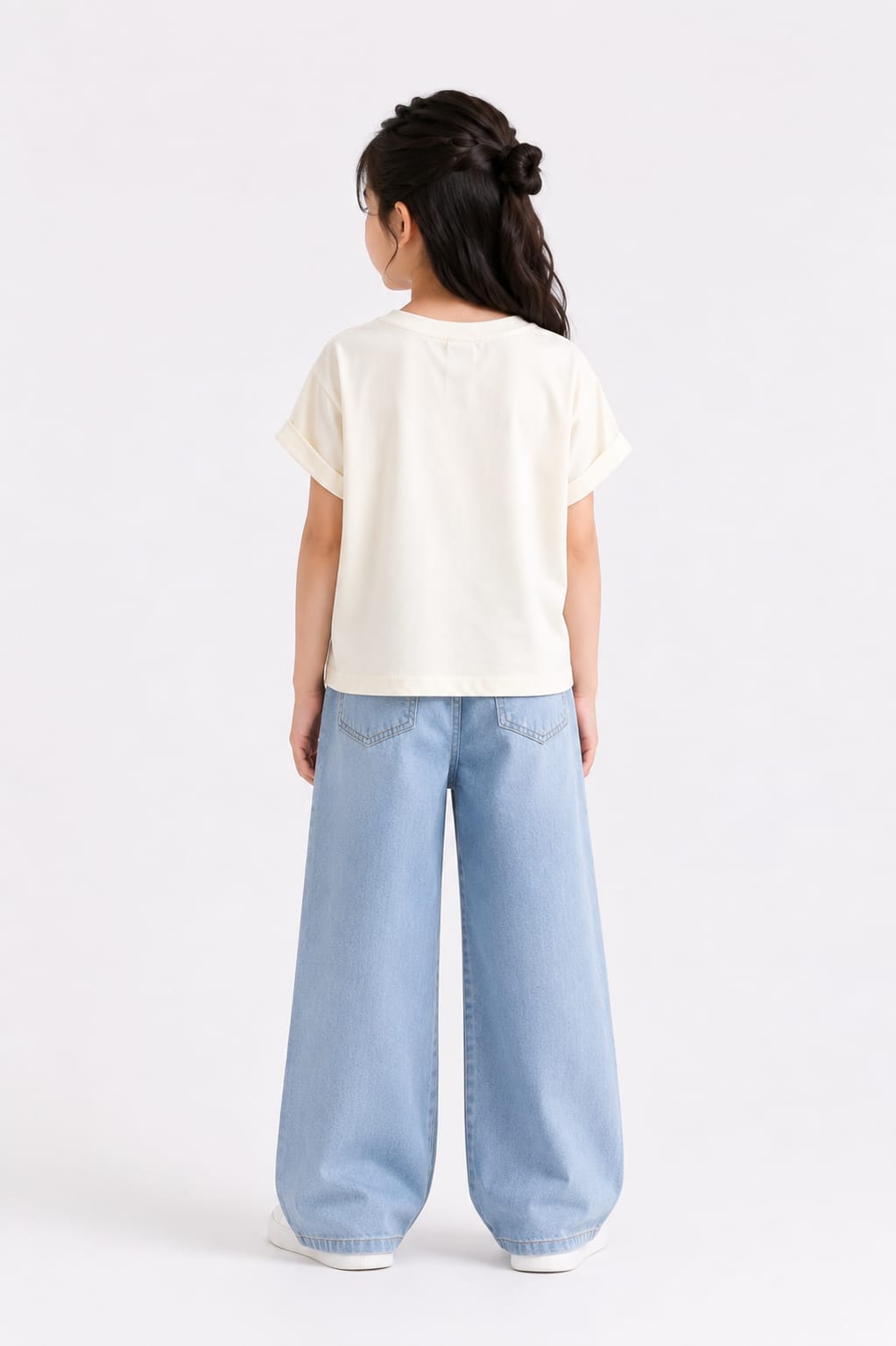 Girls' Cream Knit Tee with Crochet Lace Pocket Accent