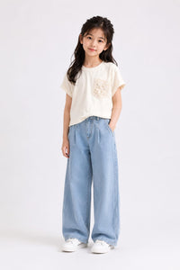 Girls' Cream Knit Tee with Crochet Lace Pocket Accent