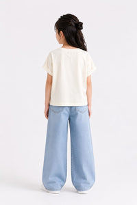 Girls' Cream Knit Tee with Crochet Lace Pocket Accent
