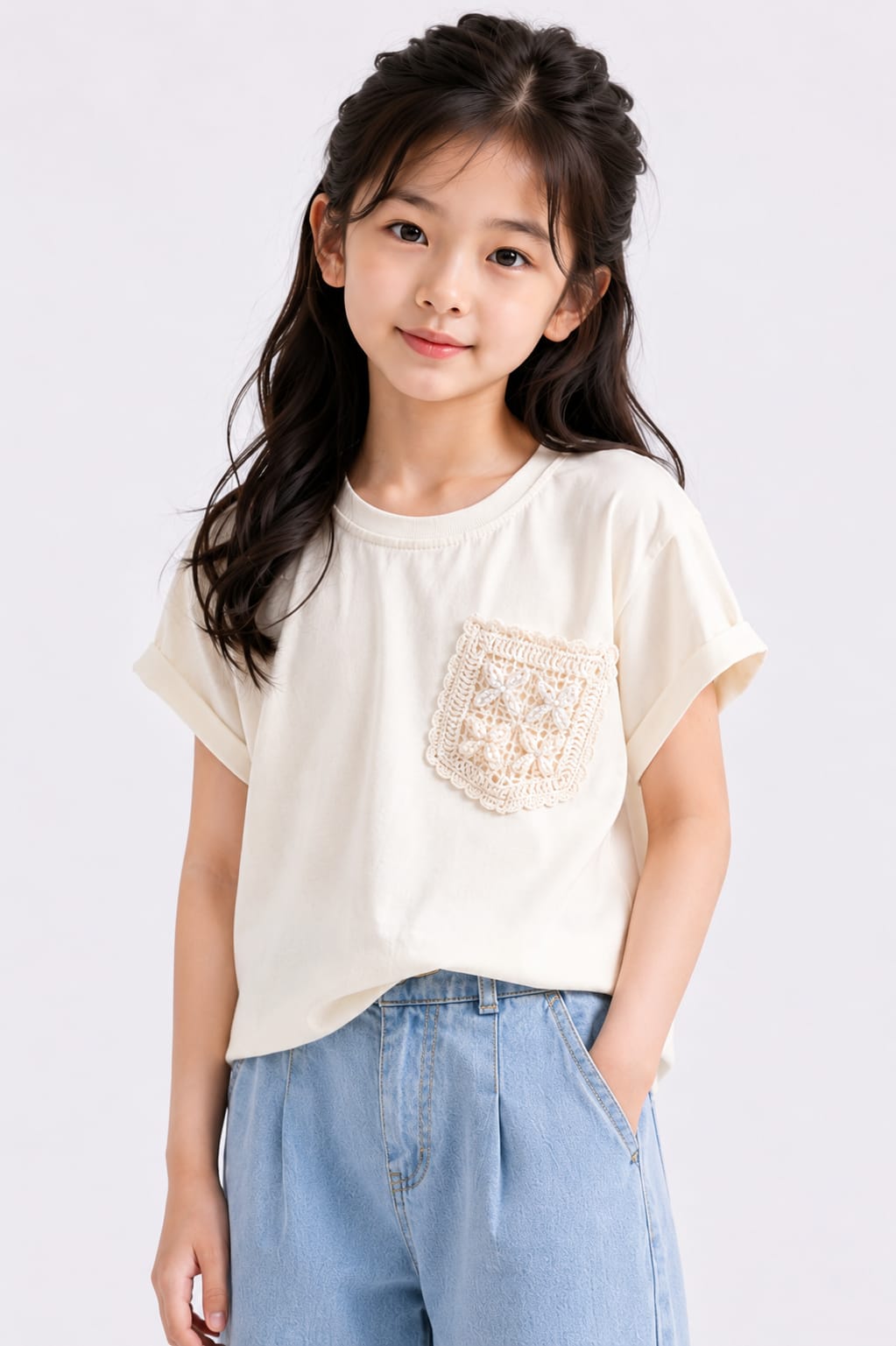 Girls' Cream Knit Tee with Crochet Lace Pocket Accent