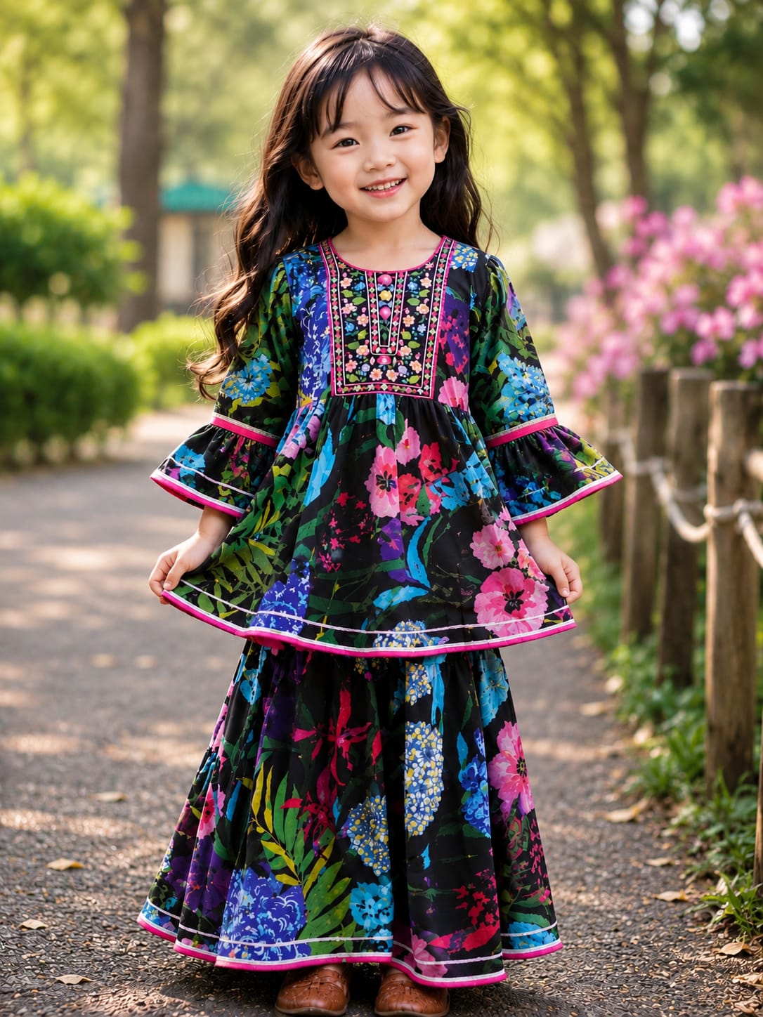 Vibrant Floral Print Girls' Ethnic Frock & Bottom Set
