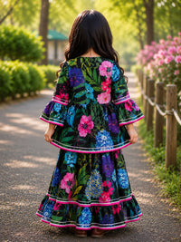 Vibrant Floral Print Girls' Ethnic Frock & Bottom Set