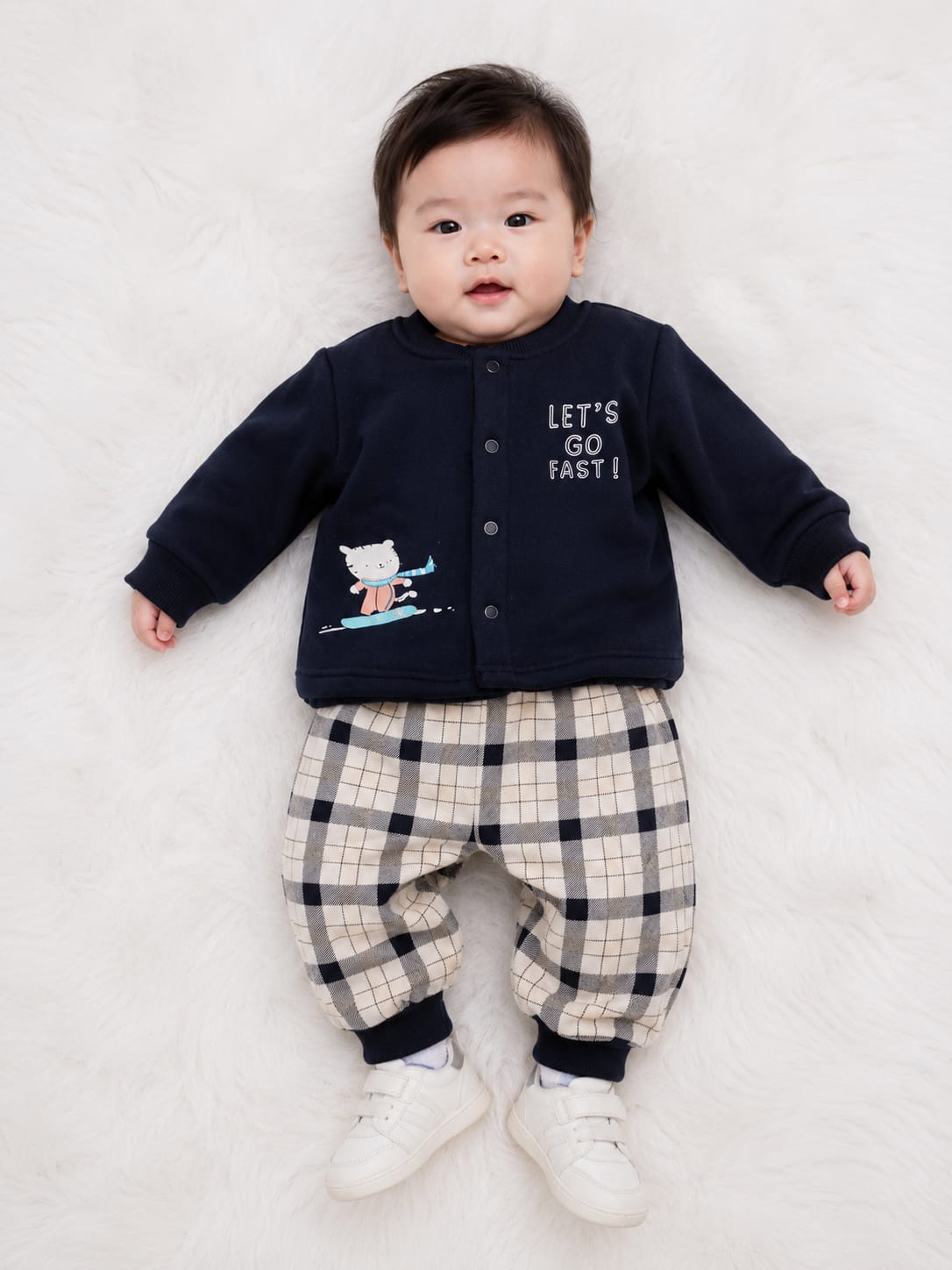 Infants "Let's Go Fast!" Snap-Front Winter Cardigan & Plaid Joggers Set