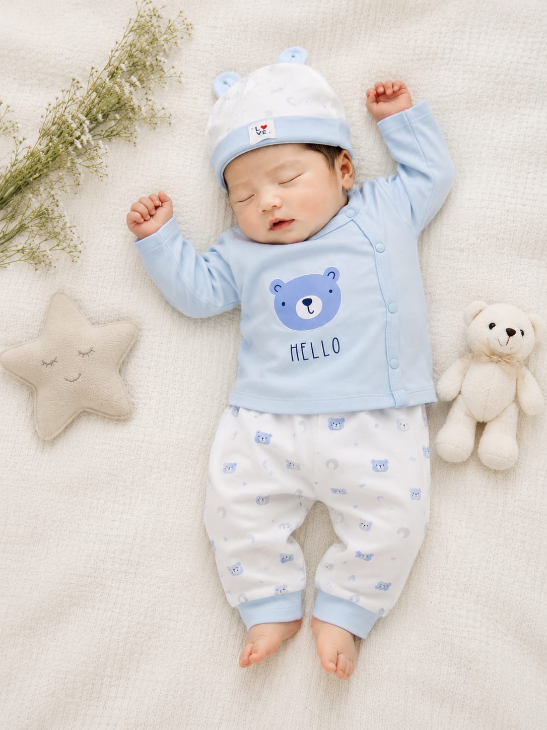 Infants 3-Piece "HELLO" Kimono Side-Snap Top, Printed Pants & Beanie Set