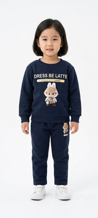 Girls' "Dress Be Latte" Character Print Navy Sweatshirt Co-Ord Set