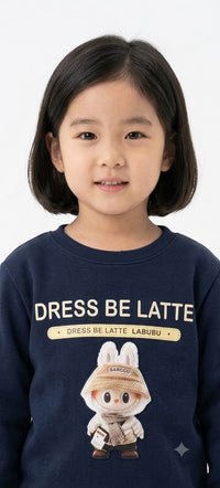 Girls' "Dress Be Latte" Character Print Navy Sweatshirt Co-Ord Set