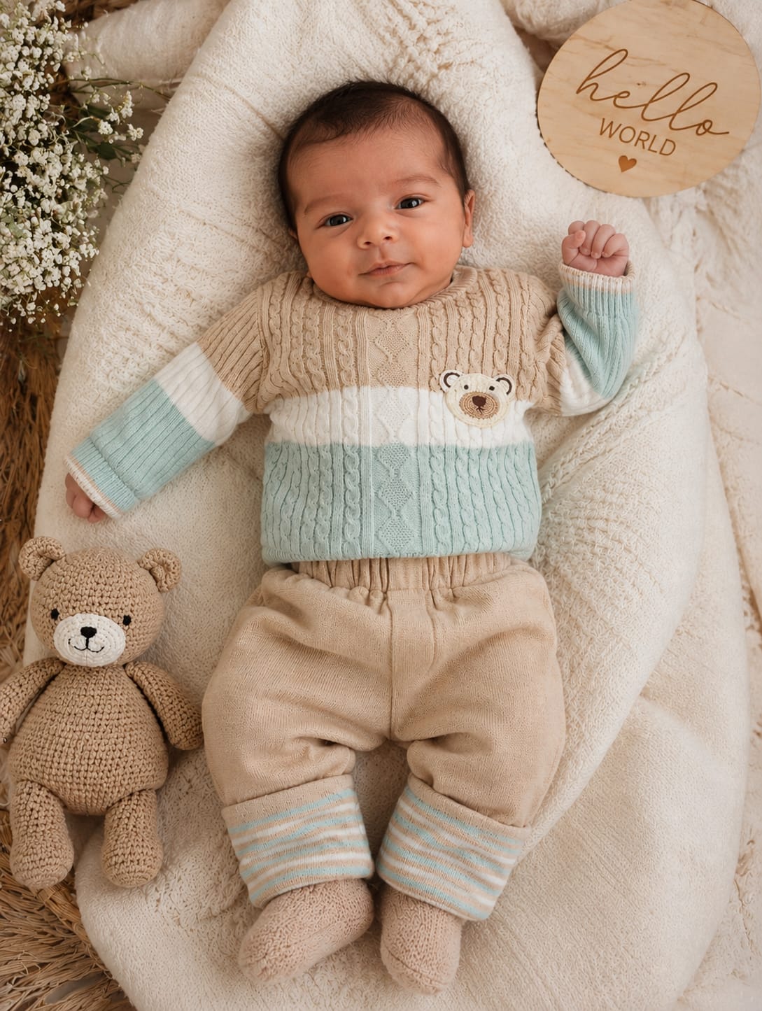 Elegant Cable-Knit Bear Unisex Two-Piece Baby Set