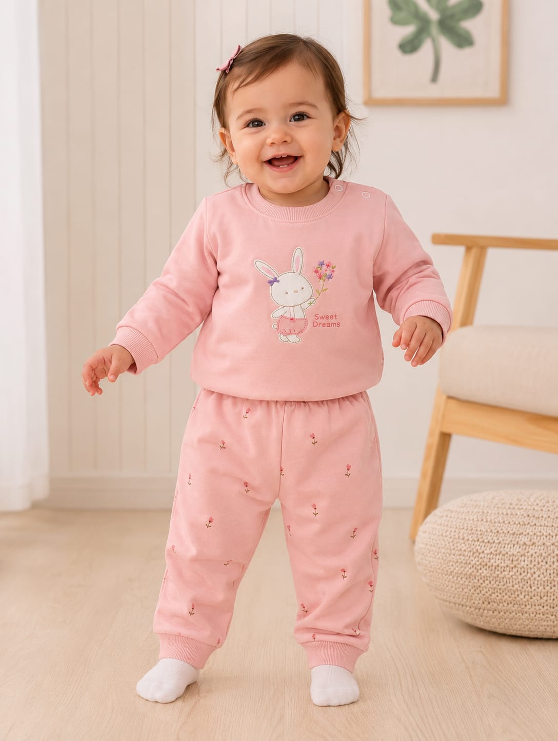 Whimsical "Sweet Dreams" Bunny Two-Piece Girls'pink Fleece Set