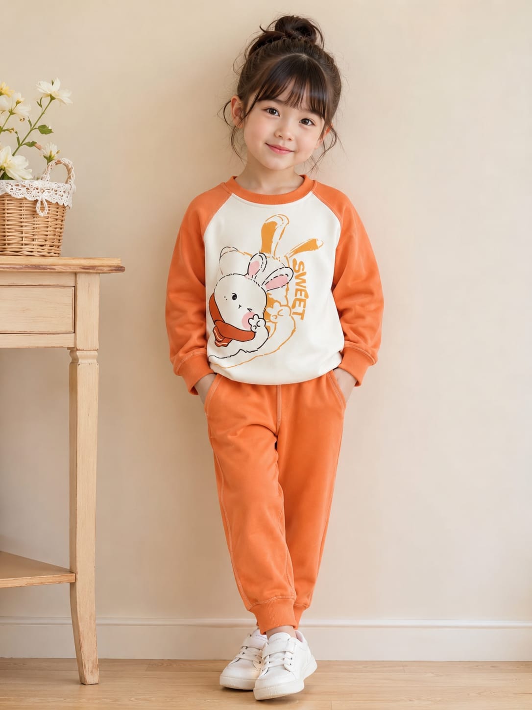 Girls' Raglan Orange & Cream "Sweet Bunny" Lounge Set.