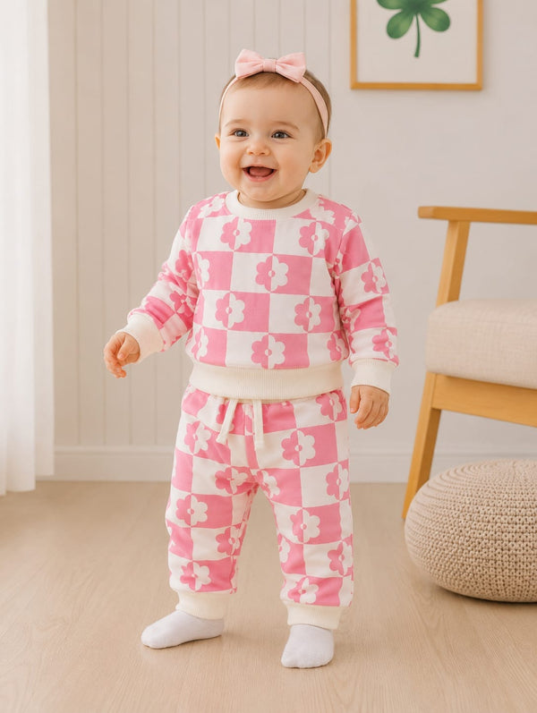 Baby Girls' Pink Checkered Floral Sweatshirt & Jogger Set