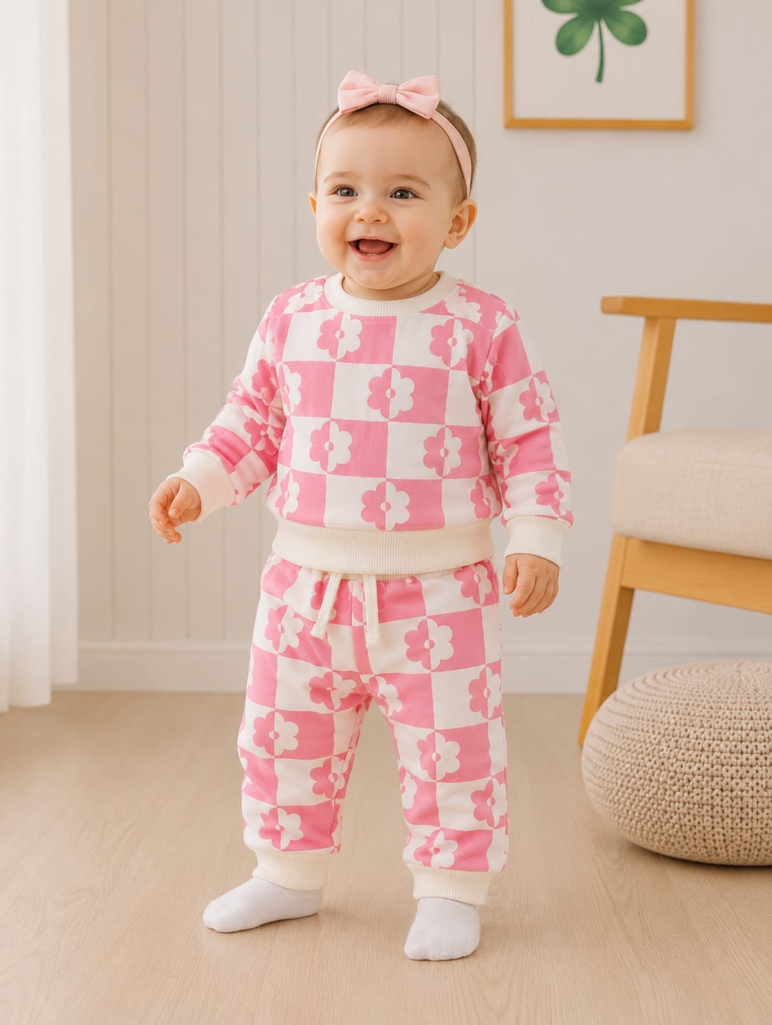 Baby Girls' Pink Checkered Floral Sweatshirt & Jogger Set