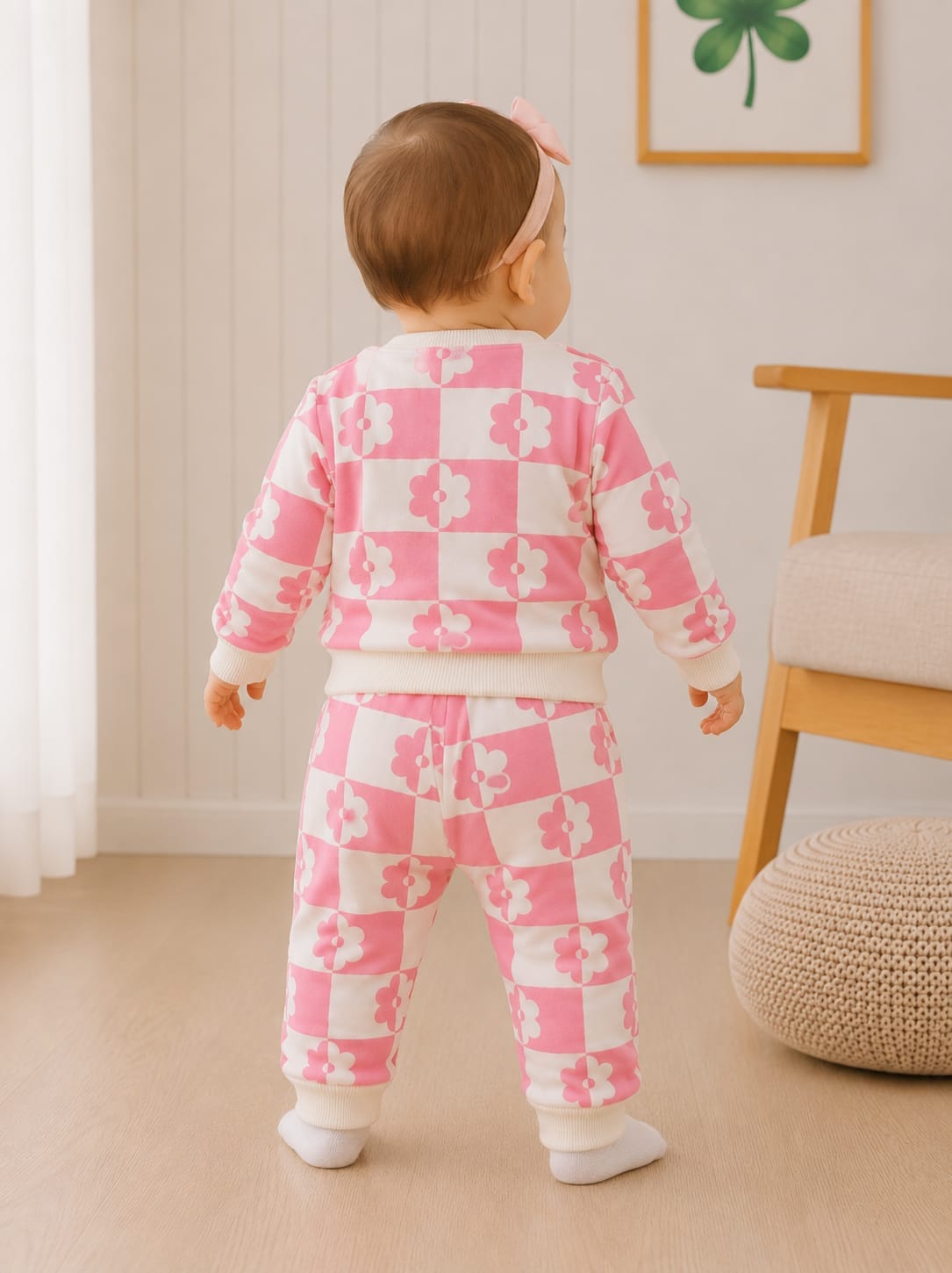 Baby Girls' Pink Checkered Floral Sweatshirt & Jogger Set