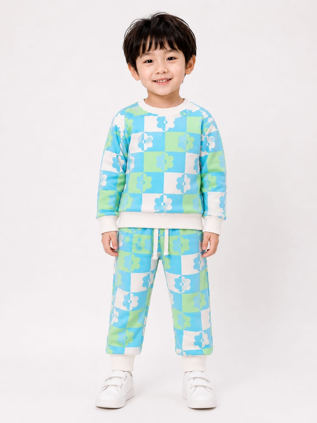 Kids' Blue & Green Checkered Floral Sweatshirt & Jogger Set