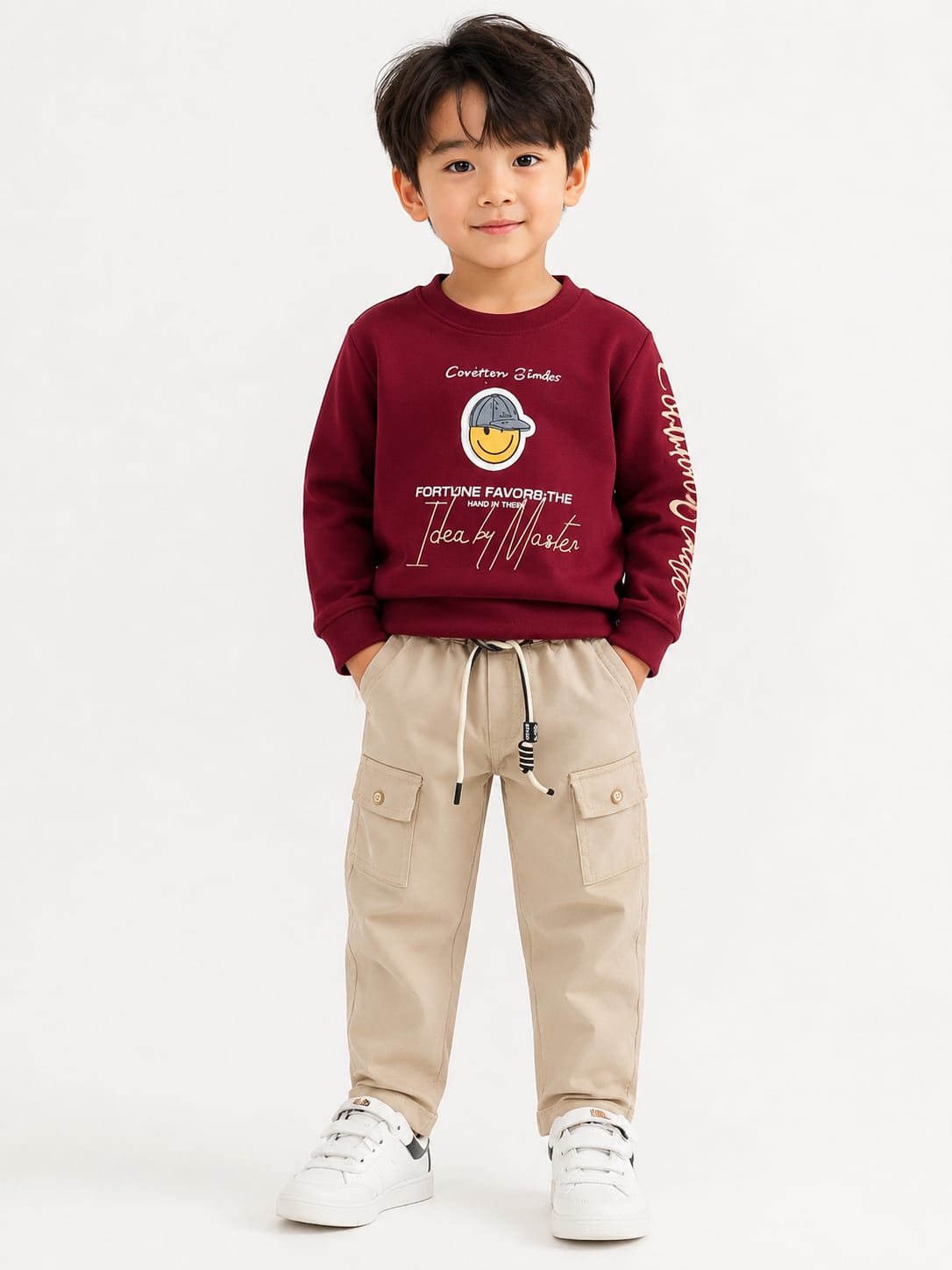 Kids' Maroon Graphic Sweatshirt & Beige Cargo Pants Set