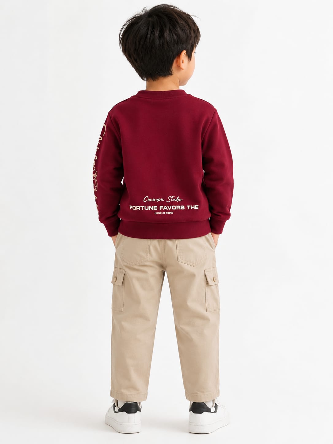 Kids' Maroon Graphic Sweatshirt & Beige Cargo Pants Set