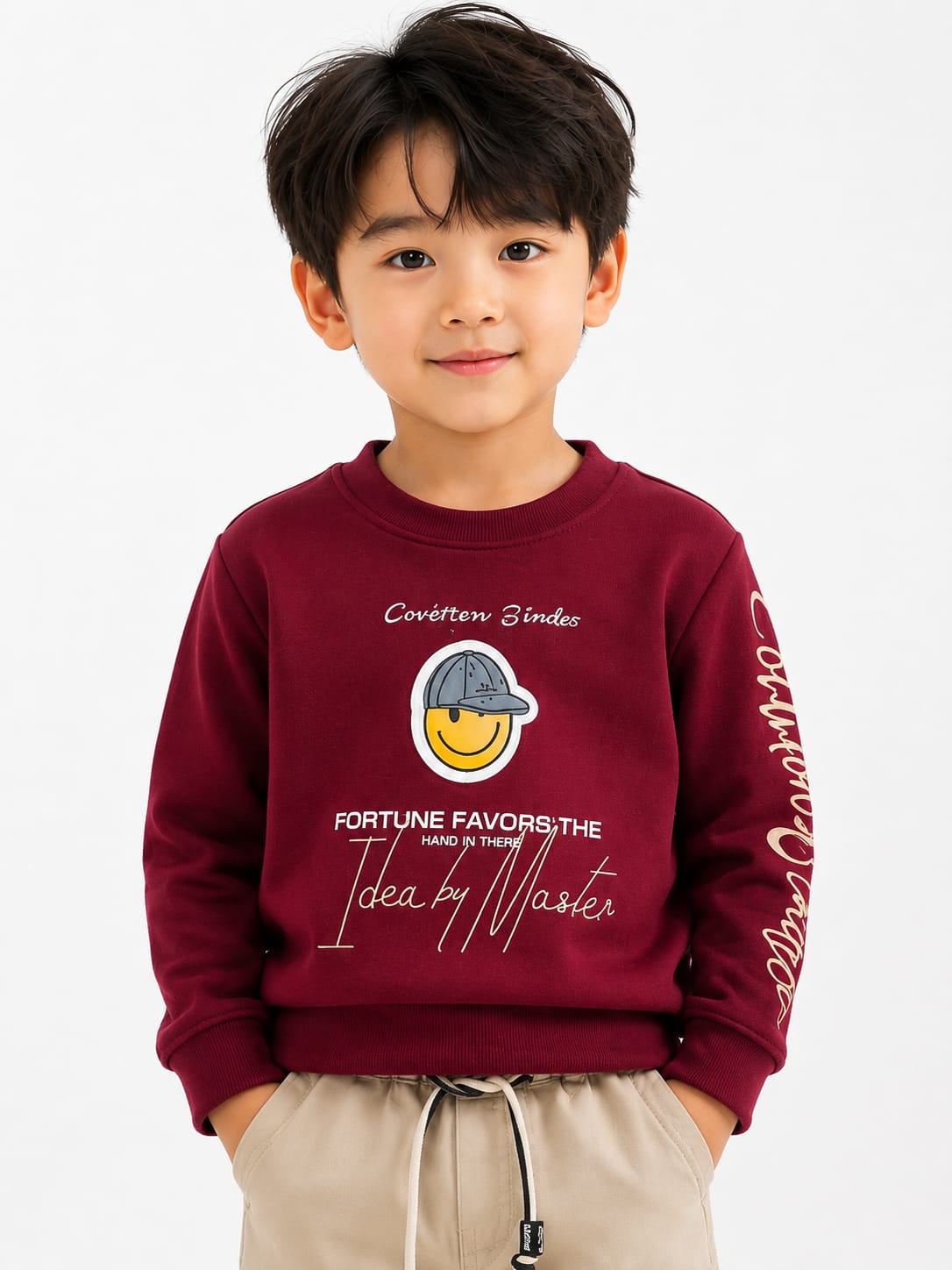 Kids' Maroon Graphic Sweatshirt & Beige Cargo Pants Set