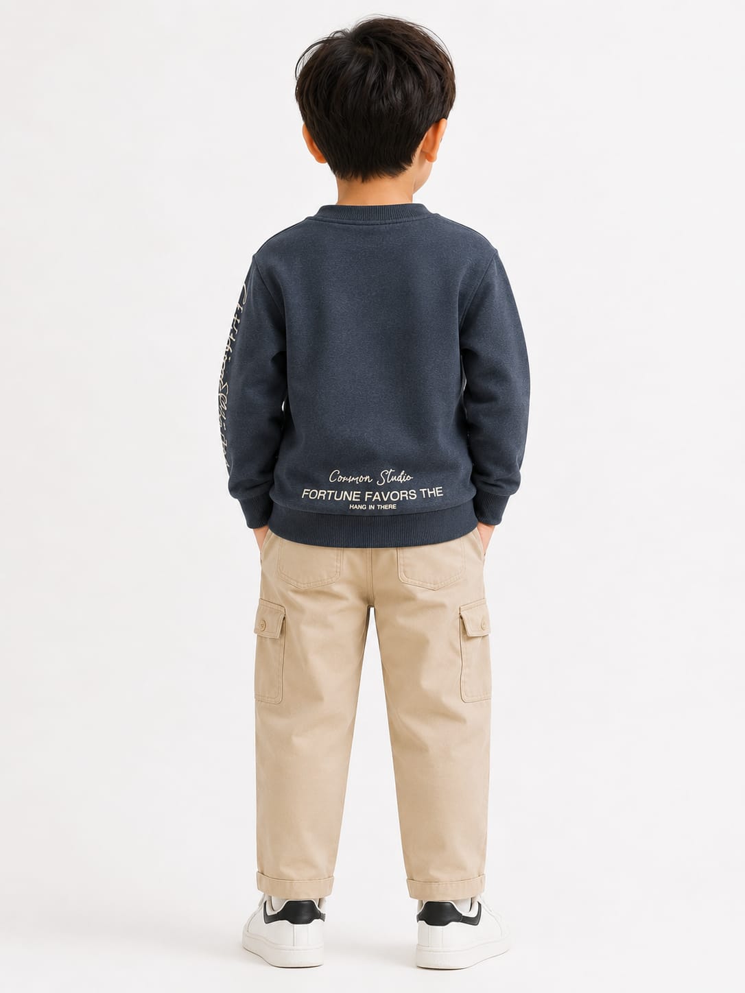 Kids' Charcoal Grey Graphic Sweatshirt & Beige Cargo Pants Set