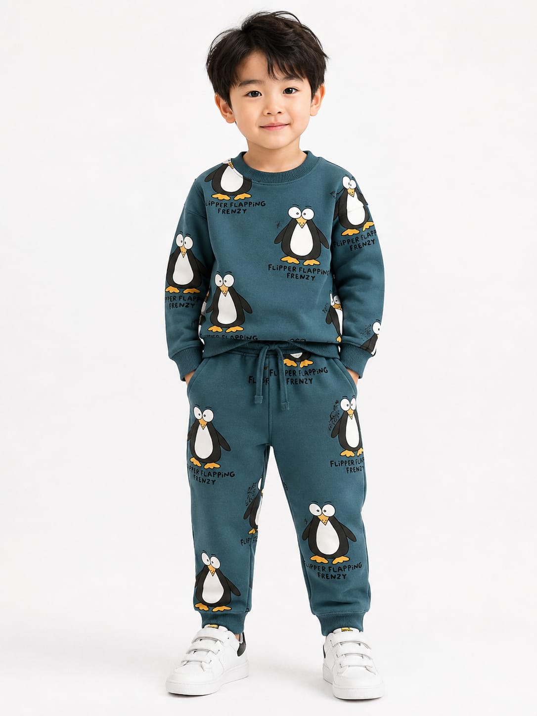 Kids' Teal All-Over Penguin Print Sweatshirt & Jogger Set.